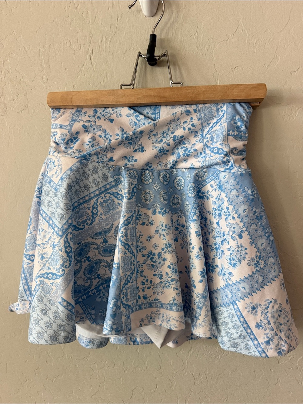 Blue and White Floral Patchwork Athletic Skirt with built in shorts